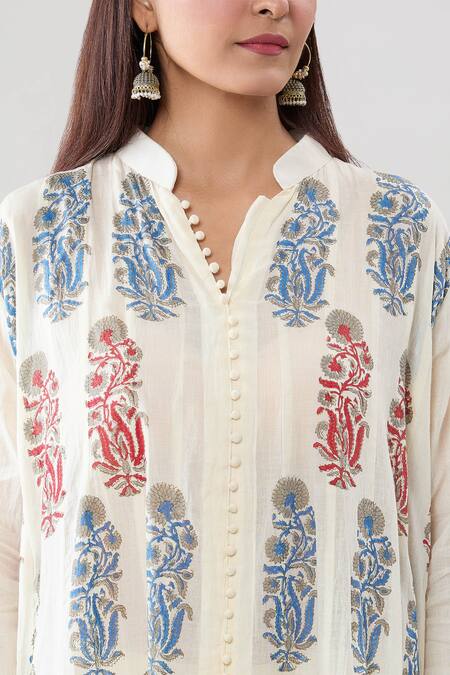 Shop_Peenacolada_Cream Cotton, Muslin Embroidery Mandarin Collar Floral Pattern Kurta Pant Set_Online_at_Aza_Fashions