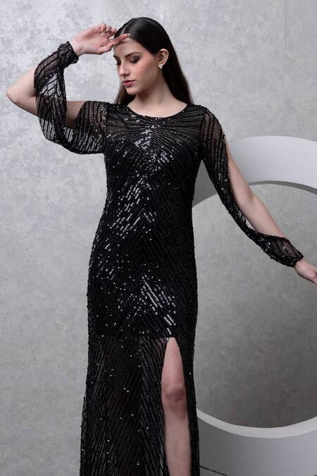 Buy_Majestic By Japnah_Black Net Hand Embroidered Sequins Round Gown_Online_at_Aza_Fashions