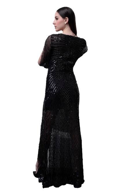 Shop_Majestic By Japnah_Black Net Hand Embroidered Sequins Round Gown_Online_at_Aza_Fashions
