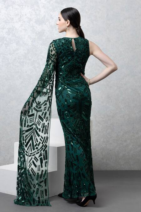 Shop_Majestic By Japnah_Emerald Green Net Hand Embroidered Sequins Round Gown_at_Aza_Fashions