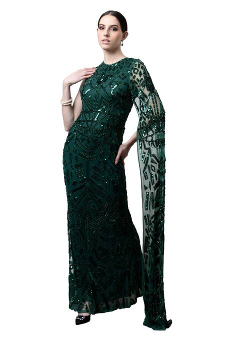Majestic By Japnah_Emerald Green Net Hand Embroidered Sequins Round Gown_Online_at_Aza_Fashions
