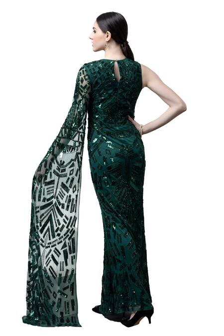 Buy_Majestic By Japnah_Emerald Green Net Hand Embroidered Sequins Round Gown_Online_at_Aza_Fashions