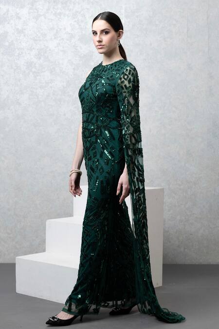 Shop_Majestic By Japnah_Emerald Green Net Hand Embroidered Sequins Round Gown_Online_at_Aza_Fashions