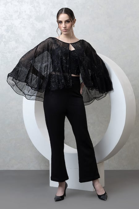 Majestic By Japnah Black Net Hand Embroidered Beads Cape Round Pant Set 