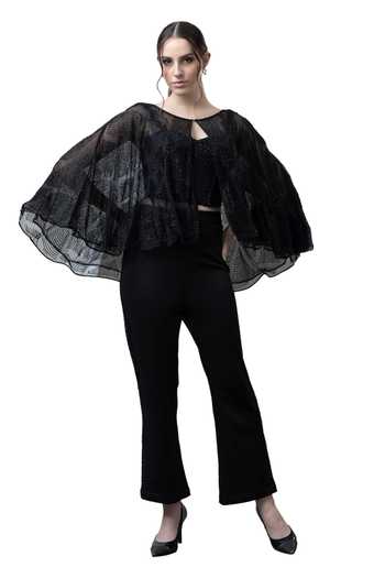 Buy_Majestic By Japnah_Black Net Hand Embroidered Beads Cape Round Pant Set_Online_at_Aza_Fashions