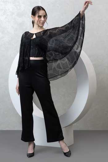 Shop_Majestic By Japnah_Black Net Hand Embroidered Beads Cape Round Pant Set_Online_at_Aza_Fashions