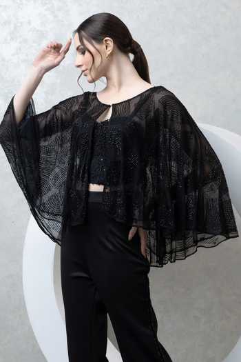 Majestic By Japnah_Black Net Hand Embroidered Beads Cape Round Pant Set_at_Aza_Fashions