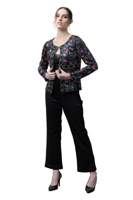 Majestic By Japnah_Black Banana Crepe Hand Embroidered Sequins Sweetheart Jacket Pant Set_Online_at_Aza_Fashions