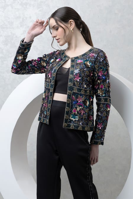 Buy_Majestic By Japnah_Black Banana Crepe Hand Embroidered Sequins Sweetheart Jacket Pant Set_Online_at_Aza_Fashions