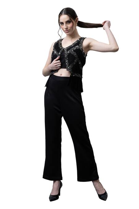 Buy_Majestic By Japnah_Black Banana Crepe Hand Embroidered Sequins Jacket Round Cropped Pant Set_Online_at_Aza_Fashions