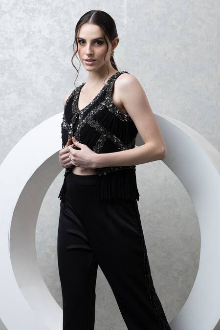 Buy_Majestic By Japnah_Black Banana Crepe Hand Embroidered Sequins Jacket Round Cropped Pant Set