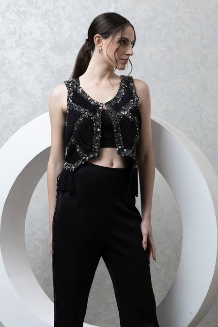 Shop_Majestic By Japnah_Black Banana Crepe Hand Embroidered Sequins Jacket Round Cropped Pant Set