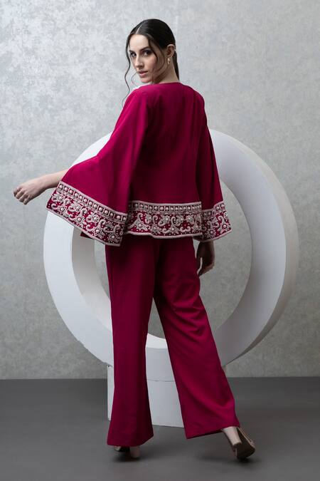 Shop Majestic By Japnah Pink Banana Crepe Hand Embroidered Beads Jacket Open Neck Pant Set at Aza Fashions Shop_Majestic By Japnah_Pink Banana Crepe Hand Embroidered Beads Jacket Open Neck Pant Set_at_Aza_Fashions