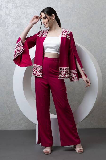 Majestic By Japnah Pink Banana Crepe Hand Embroidered Beads Jacket Open Neck Pant Set Online at Aza Fashions Majestic By Japnah_Pink Banana Crepe Hand Embroidered Beads Jacket Open Neck Pant Set_Online_at_Aza_Fashions