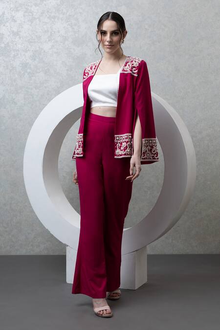 Buy Majestic By Japnah Pink Banana Crepe Hand Embroidered Beads Jacket Open Neck Pant Set Online at Aza Fashions Buy_Majestic By Japnah_Pink Banana Crepe Hand Embroidered Beads Jacket Open Neck Pant Set_Online_at_Aza_Fashions