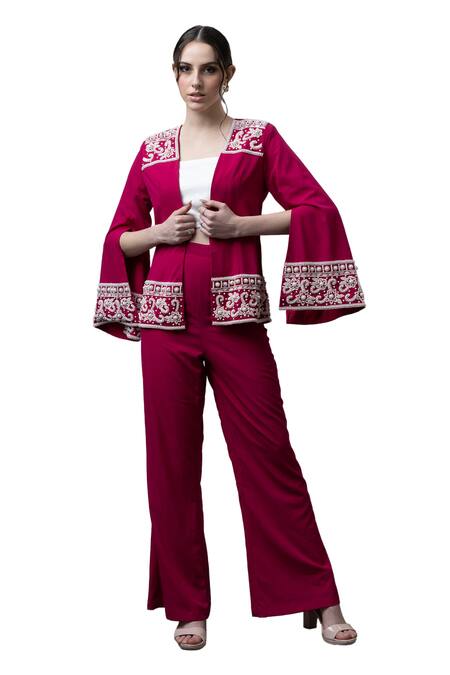 Shop Majestic By Japnah Pink Banana Crepe Hand Embroidered Beads Jacket Open Neck Pant Set Online at Aza Fashions Shop_Majestic By Japnah_Pink Banana Crepe Hand Embroidered Beads Jacket Open Neck Pant Set_Online_at_Aza_Fashions