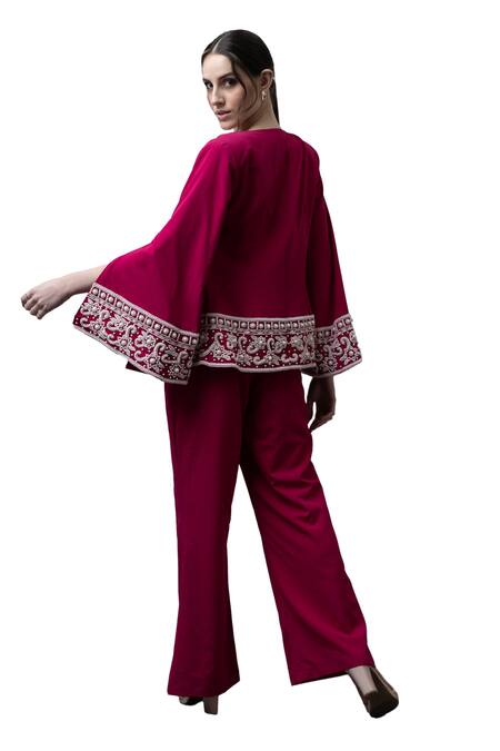 Majestic By Japnah Pink Banana Crepe Hand Embroidered Beads Jacket Open Neck Pant Set at Aza Fashions Majestic By Japnah_Pink Banana Crepe Hand Embroidered Beads Jacket Open Neck Pant Set_at_Aza_Fashions
