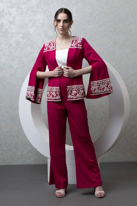 Buy Majestic By Japnah Pink Banana Crepe Hand Embroidered Beads Jacket Open Neck Pant Set Buy_Majestic By Japnah_Pink Banana Crepe Hand Embroidered Beads Jacket Open Neck Pant Set