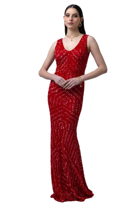 Majestic By Japnah_Red Net Hand Embroidered Sequins V Neck Body-con Gown_Online_at_Aza_Fashions