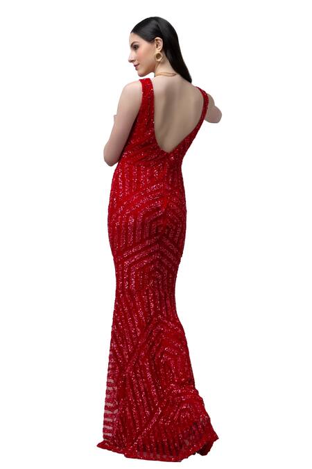 Buy_Majestic By Japnah_Red Net Hand Embroidered Sequins V Neck Body-con Gown_Online_at_Aza_Fashions