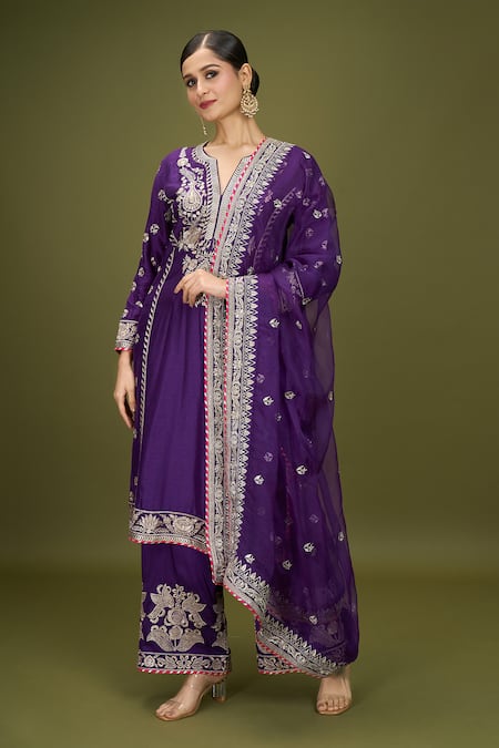 Gopi Vaid Purple Chiffon Embroidery Split V-neck Gol Amaya Kurta Palazzo Set