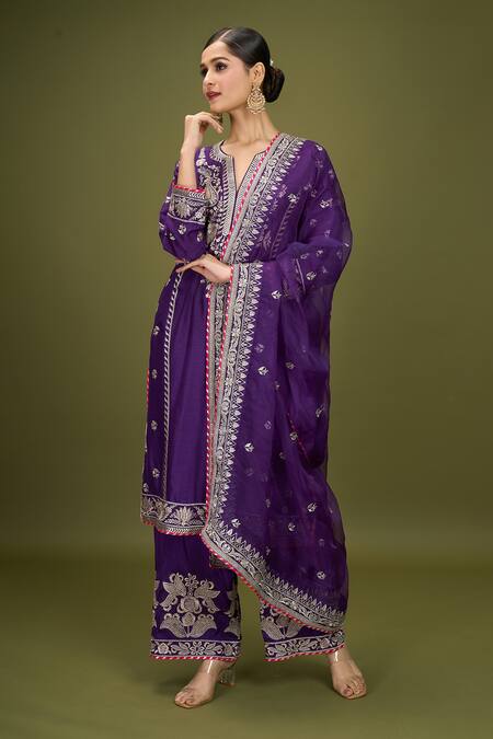 Gopi Vaid Purple Chiffon Embroidery Split V-neck Gol Amaya Kurta Palazzo Set Online at Aza Fashions Gopi Vaid_Purple Chiffon Embroidery Split V-neck Gol Amaya Kurta Palazzo Set _Online_at_Aza_Fashions