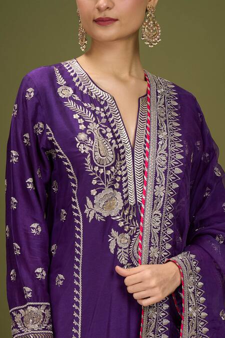 Shop Gopi Vaid Purple Chiffon Embroidery Split V-neck Gol Amaya Kurta Palazzo Set Online at Aza Fashions Shop_Gopi Vaid_Purple Chiffon Embroidery Split V-neck Gol Amaya Kurta Palazzo Set _Online_at_Aza_Fashions