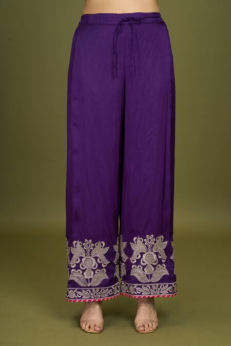 Gopi Vaid Purple Chiffon Embroidery Split V-neck Gol Amaya Kurta Palazzo Set at Aza Fashions Gopi Vaid_Purple Chiffon Embroidery Split V-neck Gol Amaya Kurta Palazzo Set _at_Aza_Fashions