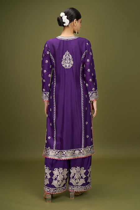 Shop Gopi Vaid Purple Chiffon Embroidery Split V-neck Gol Amaya Kurta Palazzo Set at Aza Fashions Shop_Gopi Vaid_Purple Chiffon Embroidery Split V-neck Gol Amaya Kurta Palazzo Set _at_Aza_Fashions