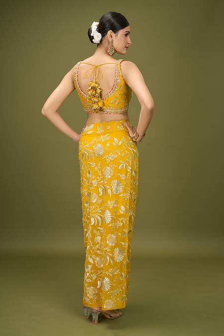 Buy_Gopi Vaid_Yellow Chiffon Embroidery Alia Floral Pattern Draped Skirt Cape Set_Online_at_Aza_Fashions