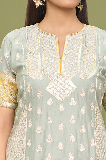 Buy Sureena Chowdhri Green Cotton, Chiffon Embroidery, Gota Patti Split V-neck Kurta Salwar Set Online at Aza Fashions Buy_Sureena Chowdhri_Green Cotton, Chiffon Embroidery, Gota Patti Split V-neck Kurta Salwar Set_Online_at_Aza_Fashions