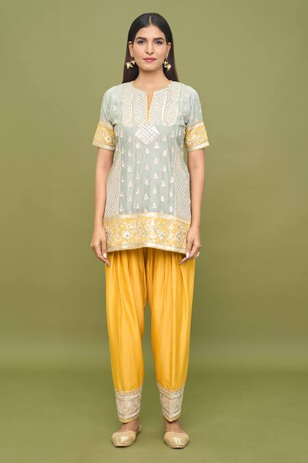 Sureena Chowdhri Green Cotton, Chiffon Embroidery, Gota Patti Split V-neck Kurta Salwar Set at Aza Fashions Sureena Chowdhri_Green Cotton, Chiffon Embroidery, Gota Patti Split V-neck Kurta Salwar Set_at_Aza_Fashions