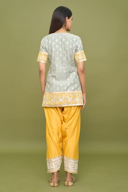 Shop Sureena Chowdhri Green Cotton, Chiffon Embroidery, Gota Patti Split V-neck Kurta Salwar Set at Aza Fashions Shop_Sureena Chowdhri_Green Cotton, Chiffon Embroidery, Gota Patti Split V-neck Kurta Salwar Set_at_Aza_Fashions