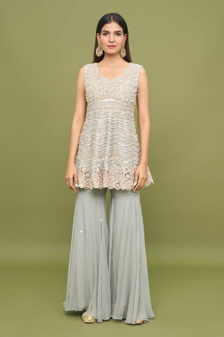 Varun Nidhika Blue Chiffon Sequins, Beads, Zari Split Floral Embroidered Kurta Gharara Set Online at Aza Fashions Varun Nidhika_Blue Chiffon Sequins, Beads, Zari Split Floral Embroidered Kurta Gharara Set_Online_at_Aza_Fashions