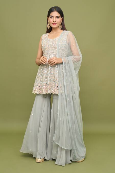 Buy Varun Nidhika Blue Chiffon Sequins, Beads, Zari Split Floral Embroidered Kurta Gharara Set Online at Aza Fashions Buy_Varun Nidhika_Blue Chiffon Sequins, Beads, Zari Split Floral Embroidered Kurta Gharara Set_Online_at_Aza_Fashions