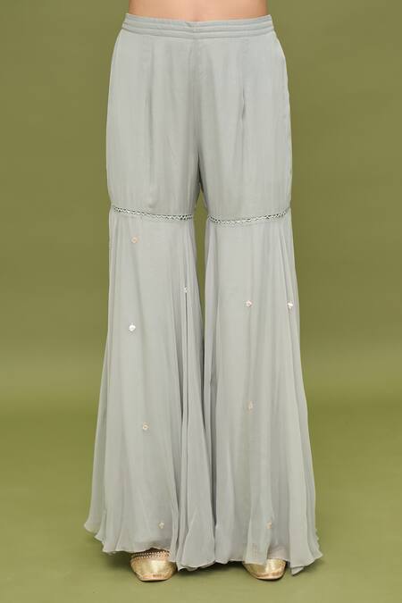 Shop Varun Nidhika Blue Chiffon Sequins, Beads, Zari Split Floral Embroidered Kurta Gharara Set Online at Aza Fashions Shop_Varun Nidhika_Blue Chiffon Sequins, Beads, Zari Split Floral Embroidered Kurta Gharara Set_Online_at_Aza_Fashions