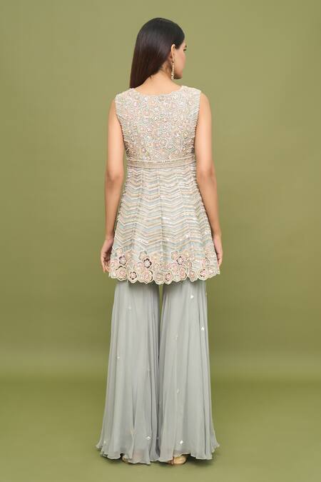 Shop Varun Nidhika Blue Chiffon Sequins, Beads, Zari Split Floral Embroidered Kurta Gharara Set at Aza Fashions Shop_Varun Nidhika_Blue Chiffon Sequins, Beads, Zari Split Floral Embroidered Kurta Gharara Set_at_Aza_Fashions