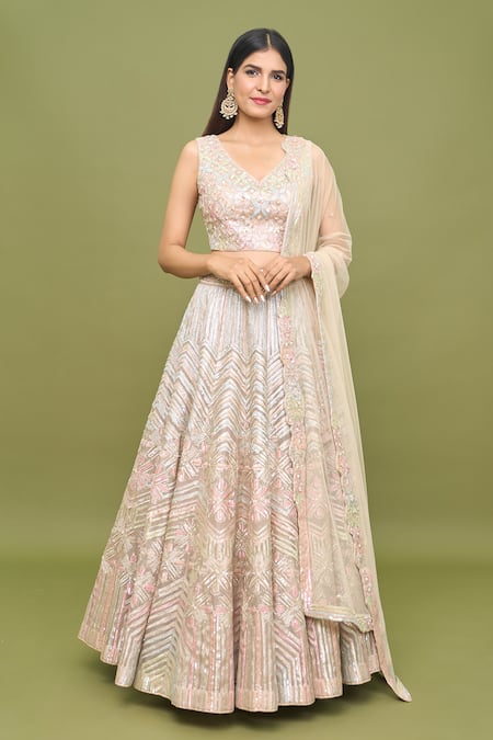 VARUN NIDHIKA Peach Embroidery Sequin V Chevron Bridal Lehenga Set 