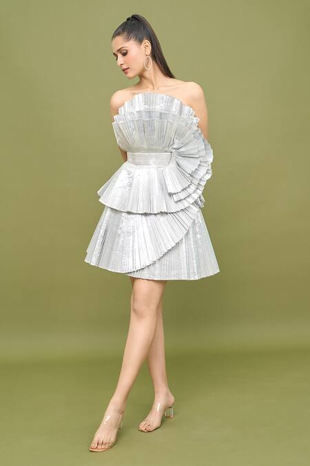 Buy_Amit Aggarwal_Silver Plain Ruffle Neck Pleated Dress _Online_at_Aza_Fashions