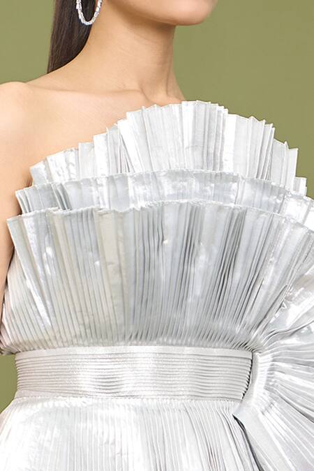 Shop_Amit Aggarwal_Silver Plain Ruffle Neck Pleated Dress _Online_at_Aza_Fashions