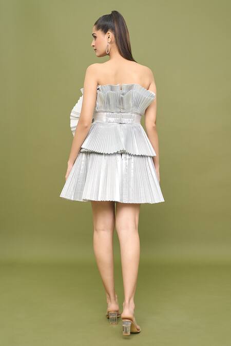 Shop_Amit Aggarwal_Silver Plain Ruffle Neck Pleated Dress _at_Aza_Fashions
