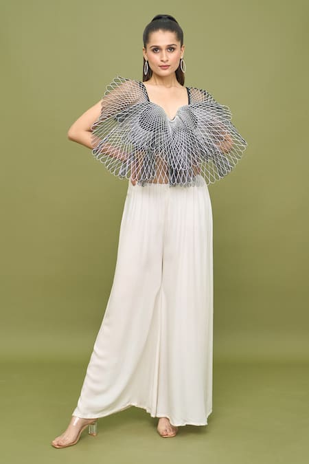 Amit Aggarwal Black Silk Applique Split V-neck Butterfly Work Crop Top And Flared Pant Set