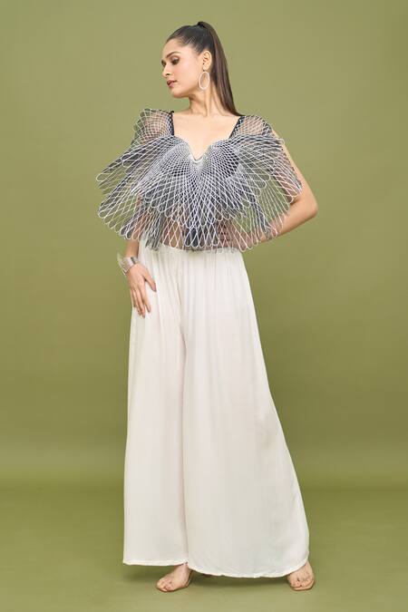 Amit Aggarwal_Black Silk Applique Split V-neck Butterfly Work Crop Top And Flared Pant Set _Online_at_Aza_Fashions