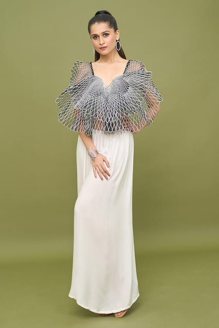 Buy_Amit Aggarwal_Black Silk Applique Split V-neck Butterfly Work Crop Top And Flared Pant Set _Online_at_Aza_Fashions