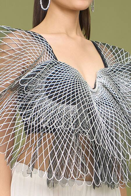 Shop_Amit Aggarwal_Black Silk Applique Split V-neck Butterfly Work Crop Top And Flared Pant Set _Online_at_Aza_Fashions