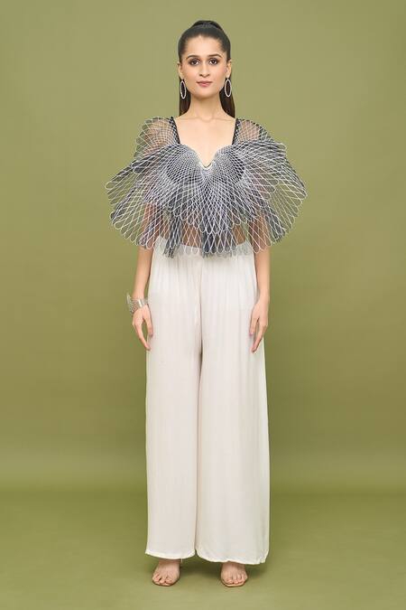 Amit Aggarwal_Black Silk Applique Split V-neck Butterfly Work Crop Top And Flared Pant Set _at_Aza_Fashions