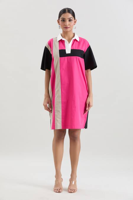 House Of Behram_Pink Cotton, Poplin Collared Striped Shirt Dress _Online_at_Aza_Fashions