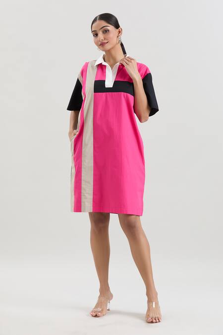 Buy_House Of Behram_Pink Cotton, Poplin Collared Striped Shirt Dress _Online_at_Aza_Fashions