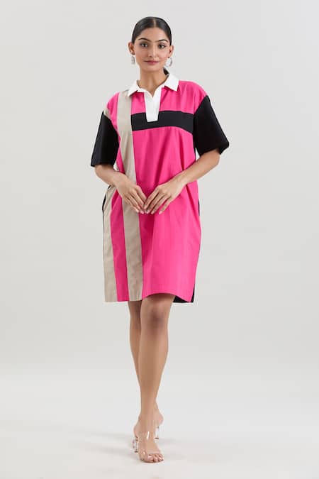 Shop_House Of Behram_Pink Cotton, Poplin Collared Striped Shirt Dress _Online_at_Aza_Fashions