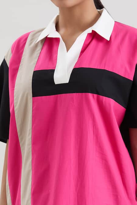 House Of Behram_Pink Cotton, Poplin Collared Striped Shirt Dress _at_Aza_Fashions